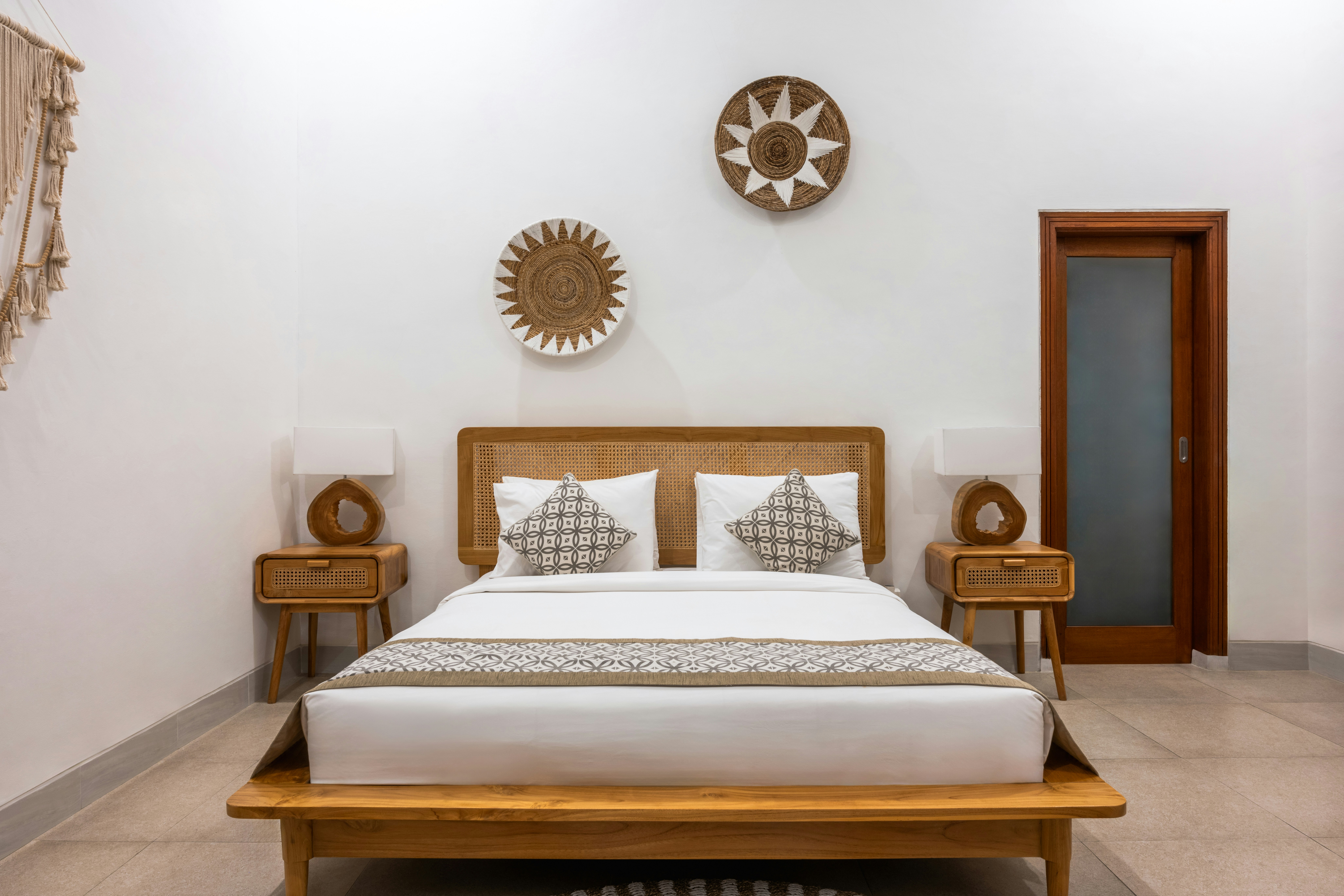 Panelled solid wood headboard with matching bedside tables